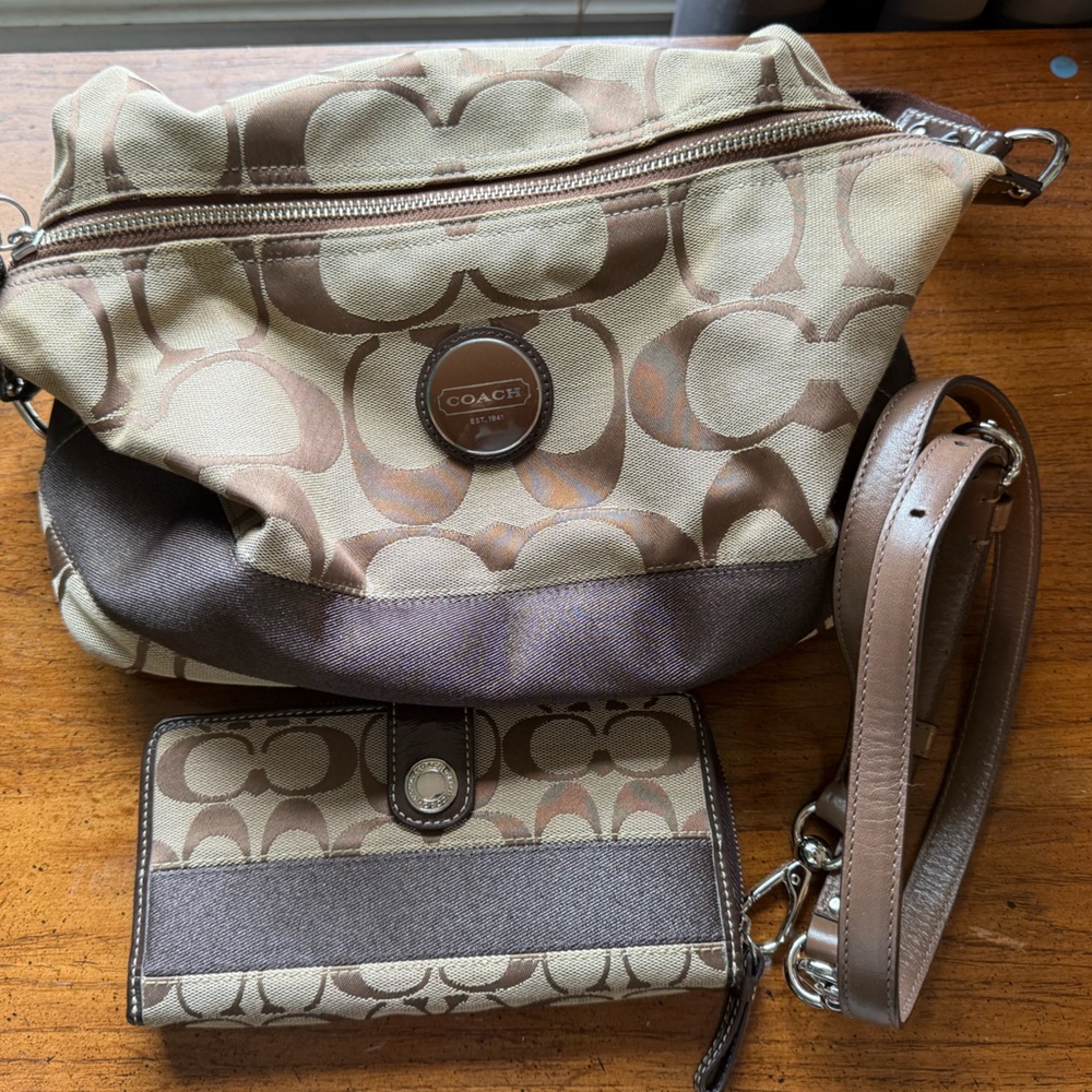 Coach Brown and Tan Signature Tote with wallet and shoulder strap